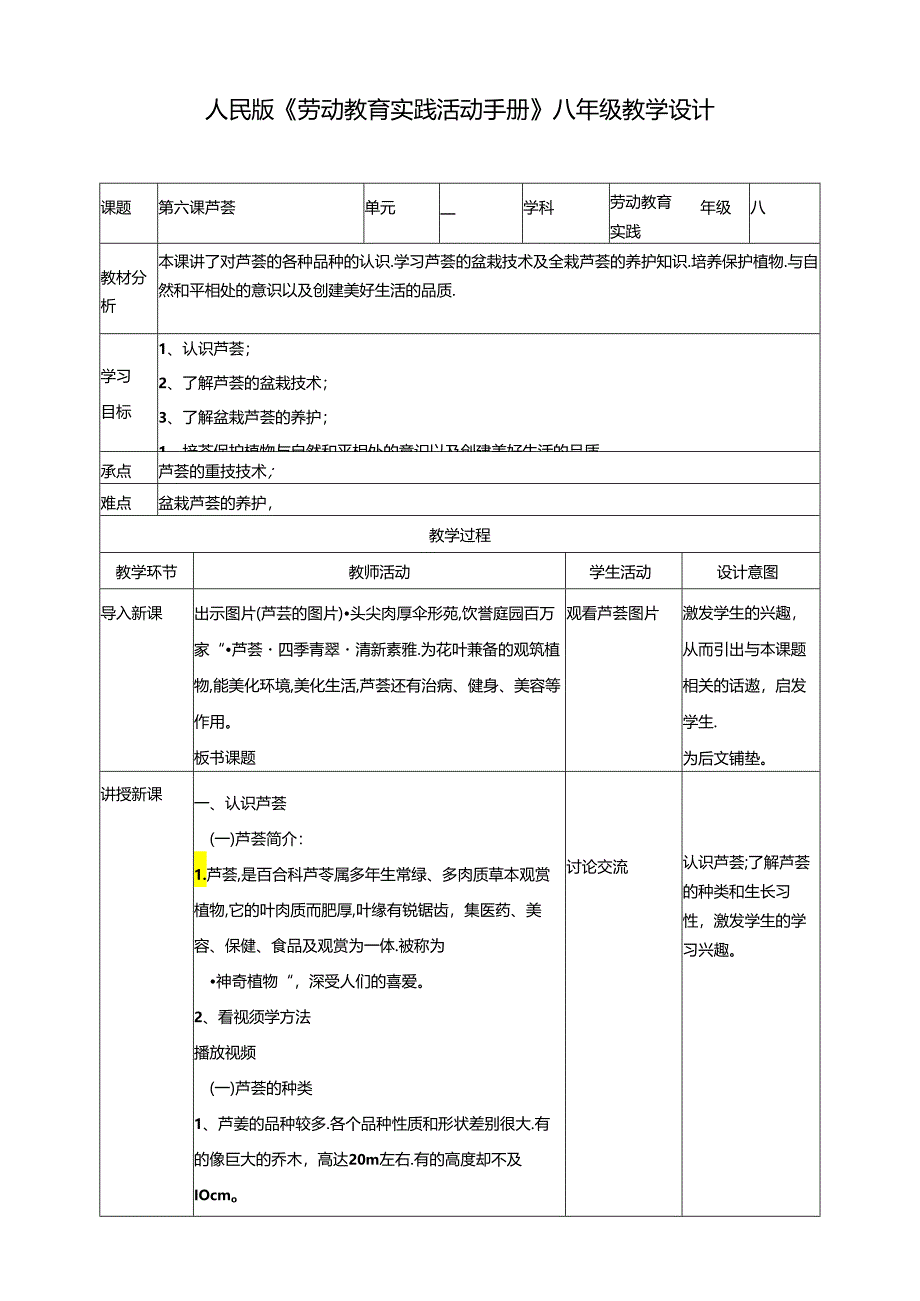 人民版综合实践活动劳动与技术八上 2.3 芦荟 教学设计.docx_第1页