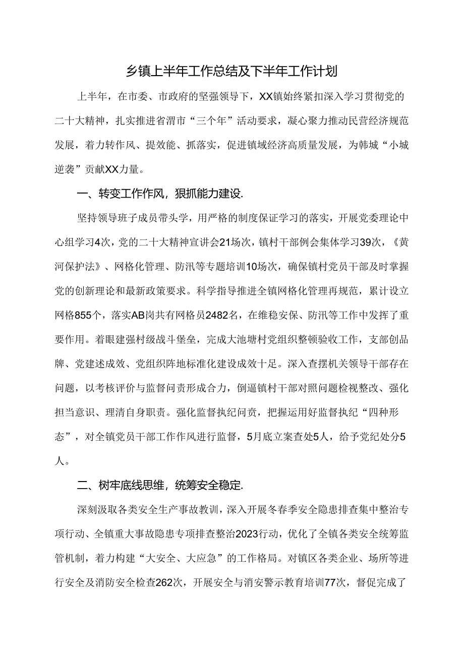 乡镇上半年工作总结及下半年工作计划.docx_第1页