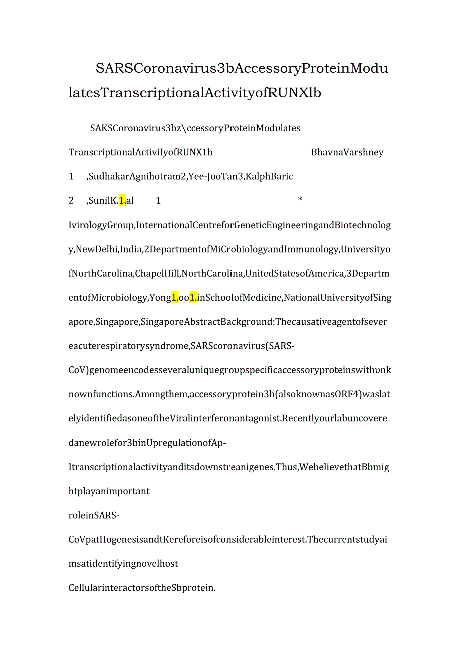 SARS Coronavirus 3b Accessory Protein Modulates Transcriptional Activity of RUNX1b.docx_第1页