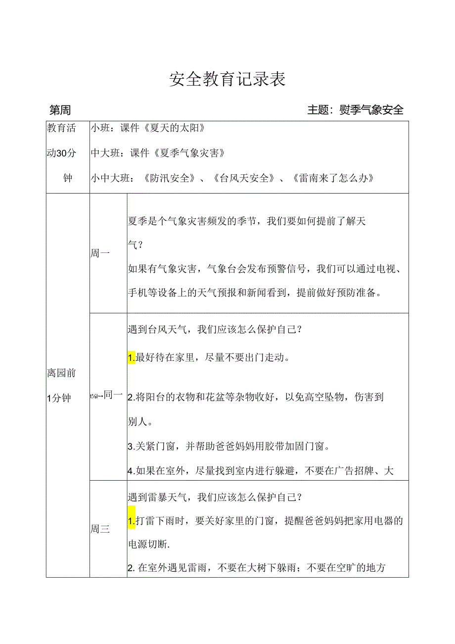 幼儿园-夏季气象安全-安全教育记录.docx_第1页