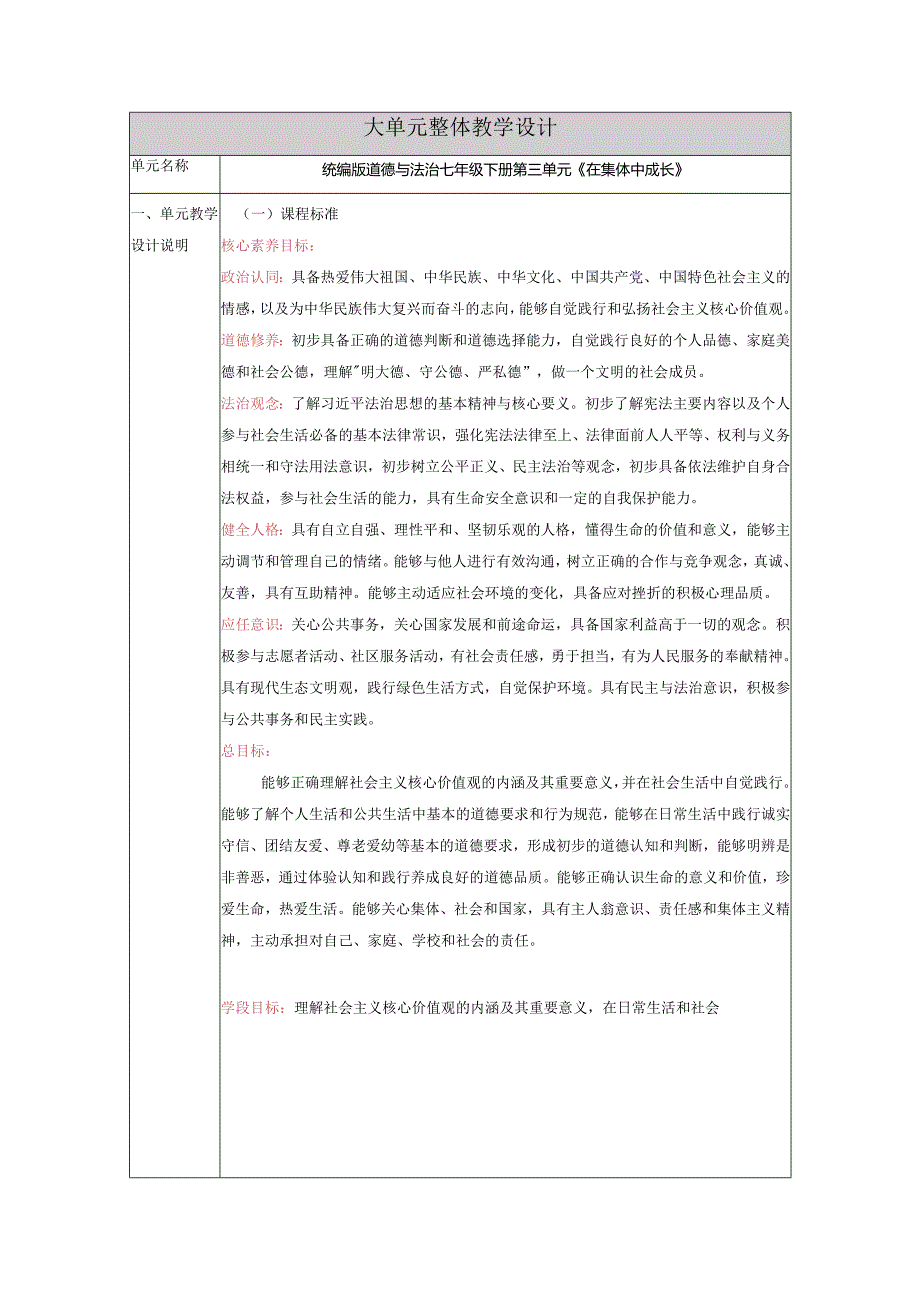 【大单元整体教学】整体教学设计（第三单元在集体中成长）.docx_第1页