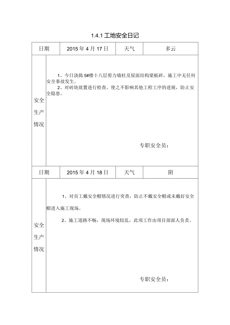 [施工资料]工地安全日记(21).docx_第1页