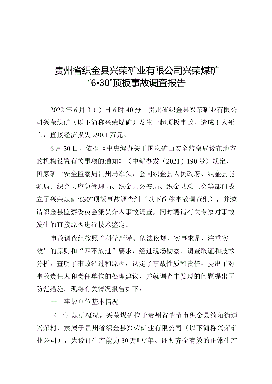 贵州省织金县兴荣矿业有限公司兴荣煤矿“6·30”顶板事故调查报告.docx_第1页