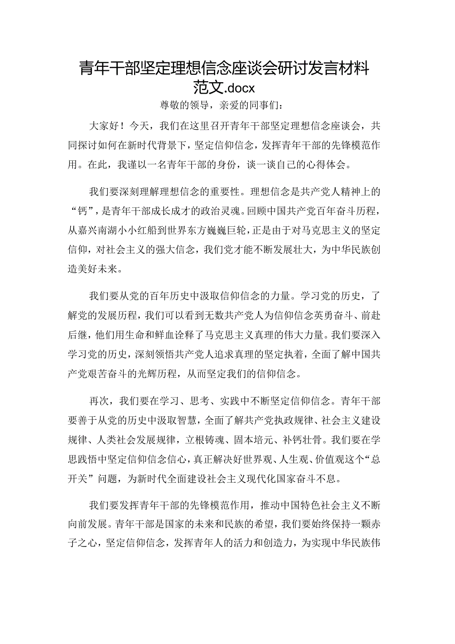 青年干部坚定理想信念座谈会研讨发言材料范文.docx_第1页