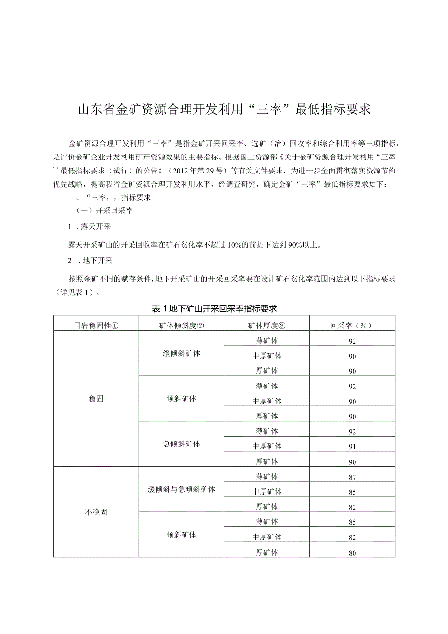 山东省金矿资源合理开发利用“三率”最低指标要求.docx_第1页