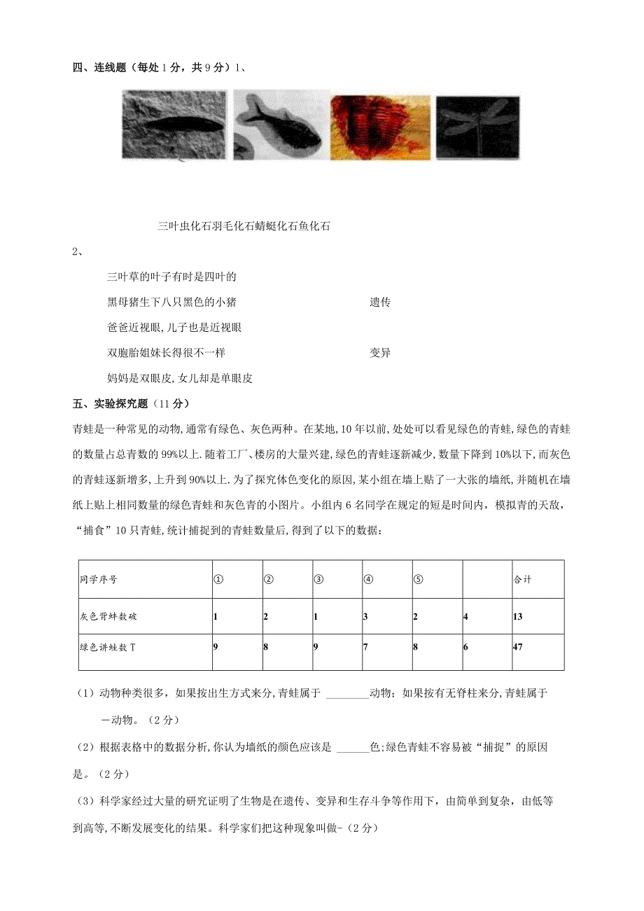 粤教版科学六年级上第四单元《遗传与进化》测试卷.docx_第3页