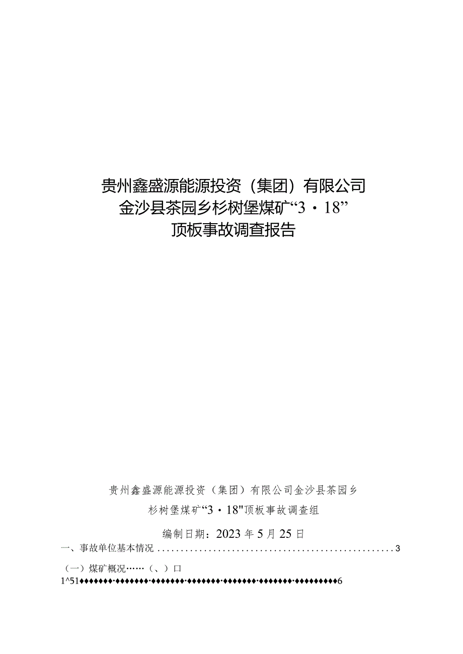 贵州鑫盛源能源投资（集团）有限公司金沙县茶园乡杉树堡煤矿“3·18”顶板事故调查报告.docx_第1页