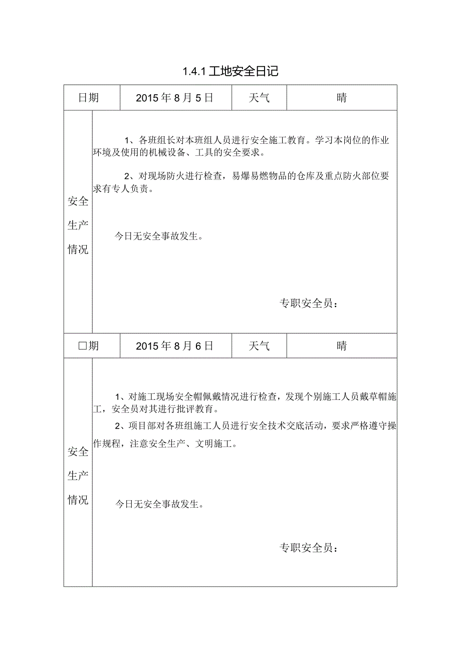 [施工资料]工地安全日记(4).docx_第1页