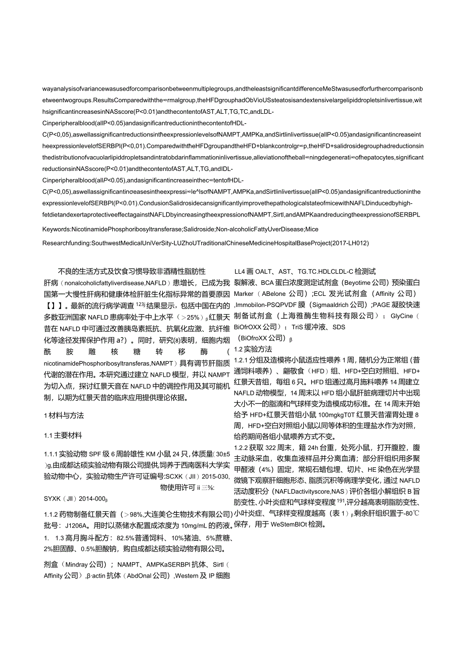 基于烟酰胺磷酸核糖转移酶（NAMPT）探讨红景天苷在非酒精性脂肪性肝病小鼠模型中的保护作用.docx_第2页