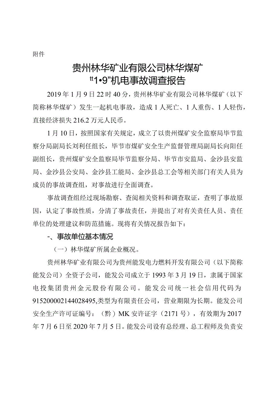 贵州林华矿业有限公司林华煤矿“1·9”机电事故调查报告.docx_第1页