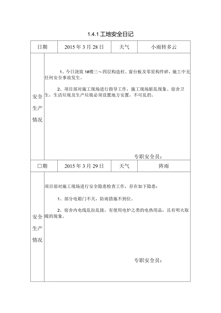 [施工资料]工地安全日记(14).docx_第1页