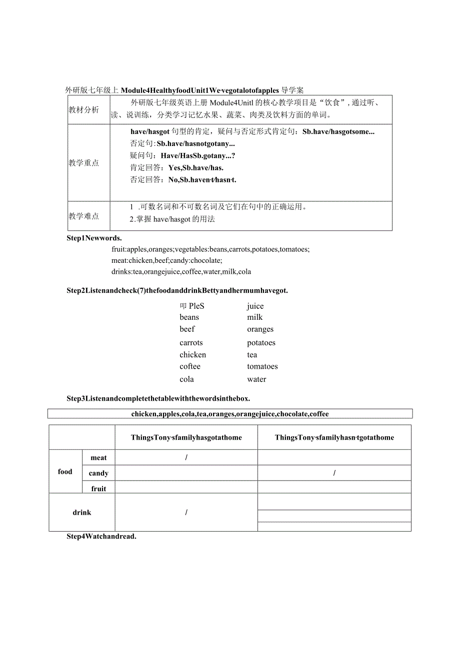 外研版七年级上Module4Healthyfood导学案.docx_第1页