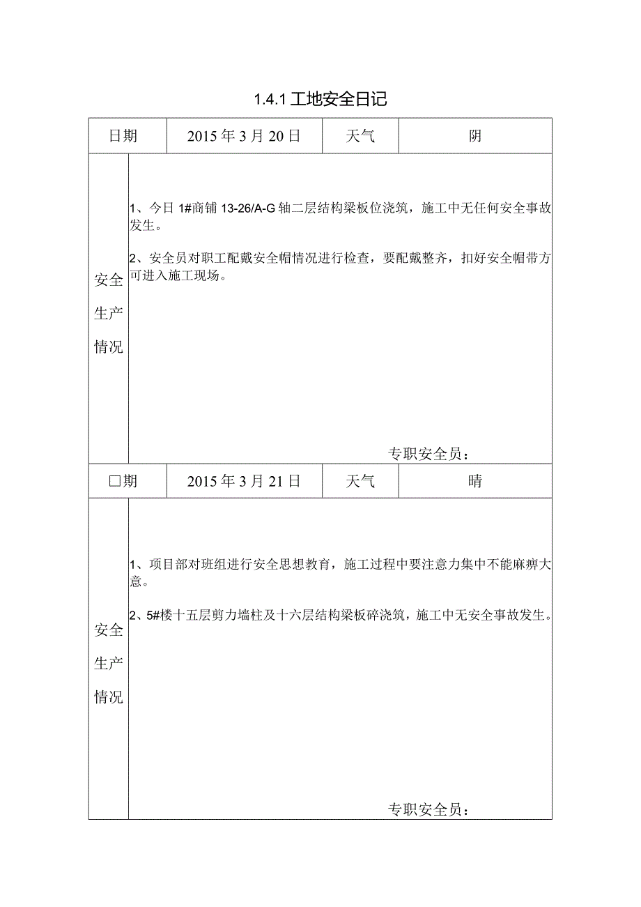 [施工资料]工地安全日记(10).docx_第1页