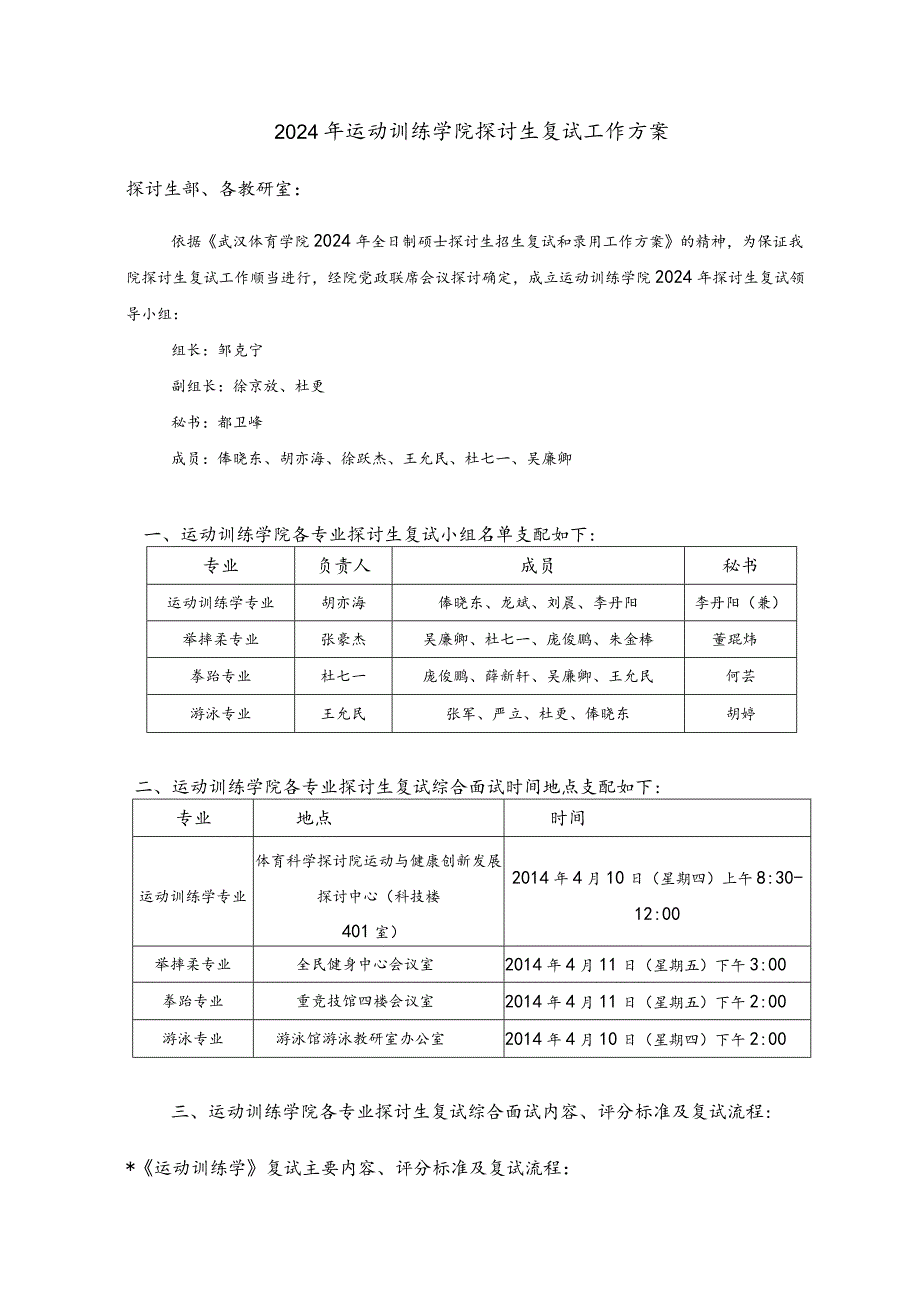 运动训练学院2024年硕士研究生复试工作方案.docx_第1页