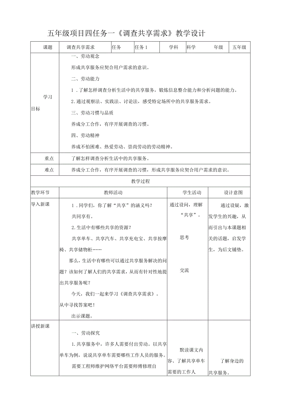 【浙教版】五年级下册《劳动》项目四任务一《调查共享需求》教案.docx_第1页