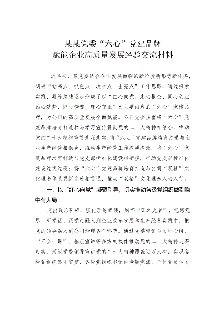 某某党委“六心”党建品牌赋能企业高质量发展经验交流材料.docx_第1页