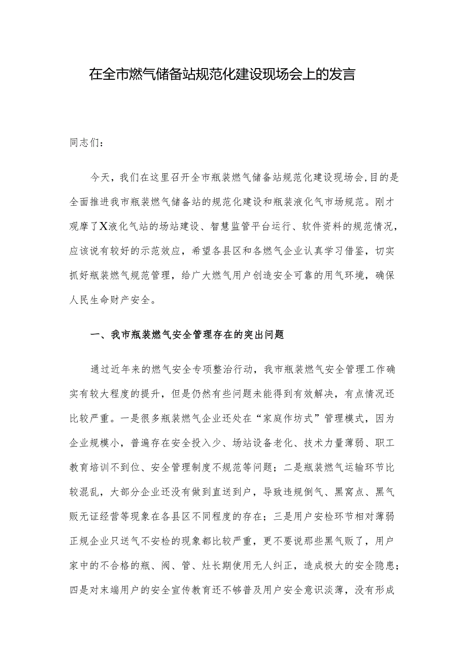 在全市燃气储备站规范化建设现场会上的发言.docx_第1页