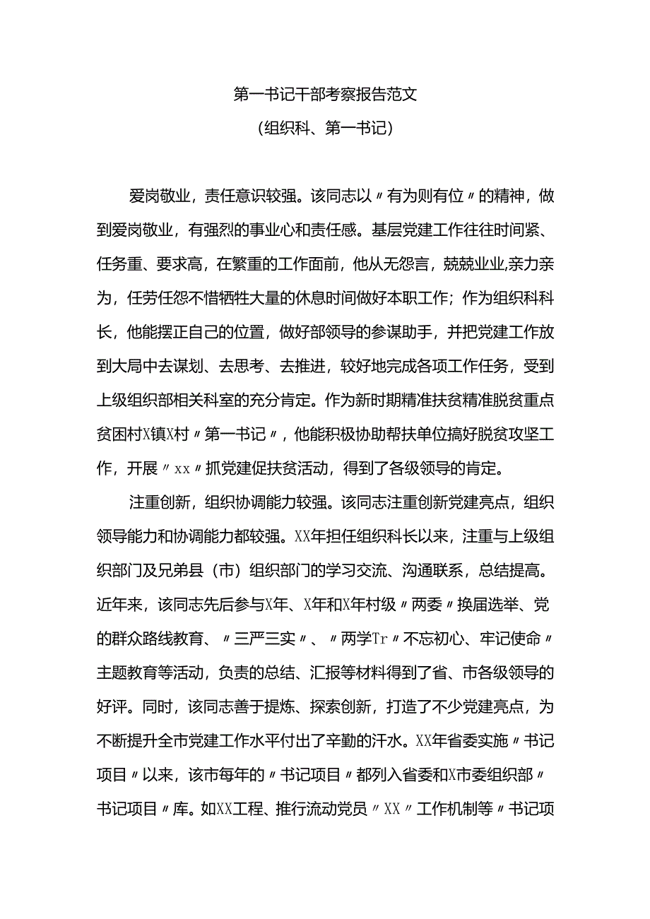 第一书记干部考察报告范文.docx_第1页