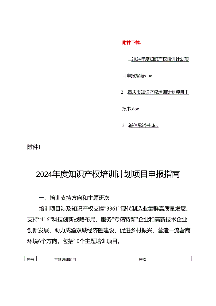 2024年度知识产权培训计划项目申报指南、申报书、承诺书.docx_第1页