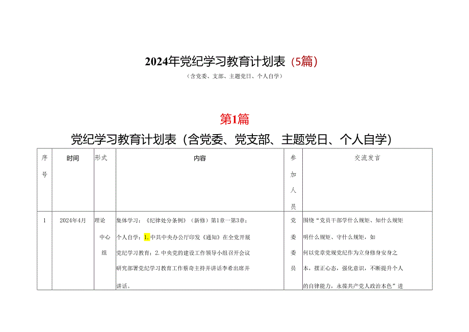 党支部2024年党纪学习教育个人学习计划安排表格资料合集.docx_第1页