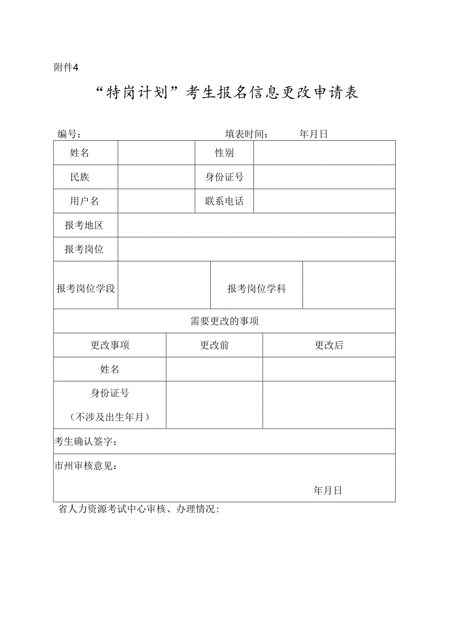 甘肃“特岗计划”考生报名信息更改申请表.docx_第1页