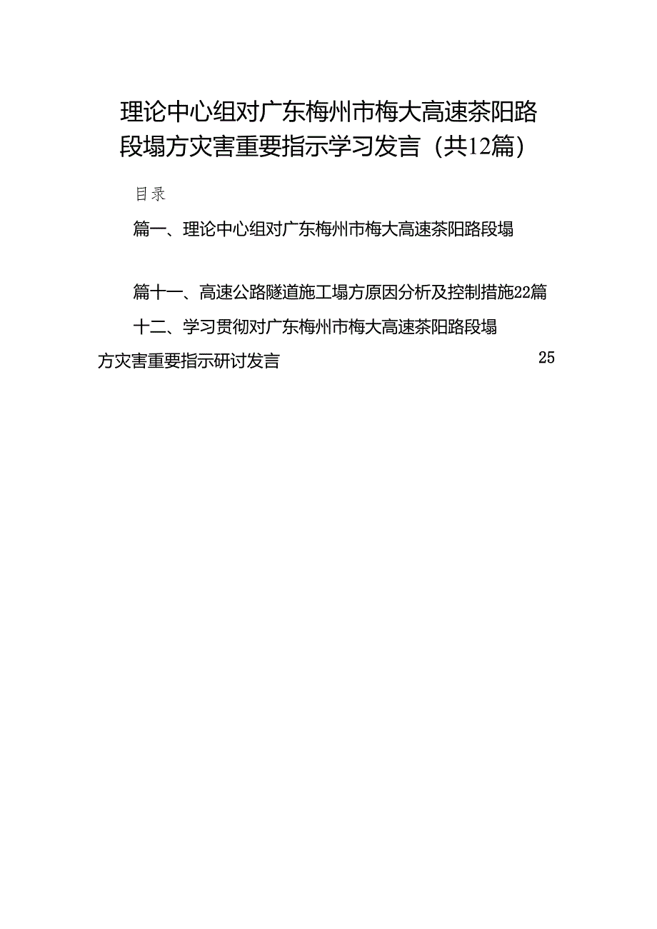 理论中心组对广东梅州市梅大高速茶阳路段塌方灾害重要指示学习发言12篇供参考.docx_第1页