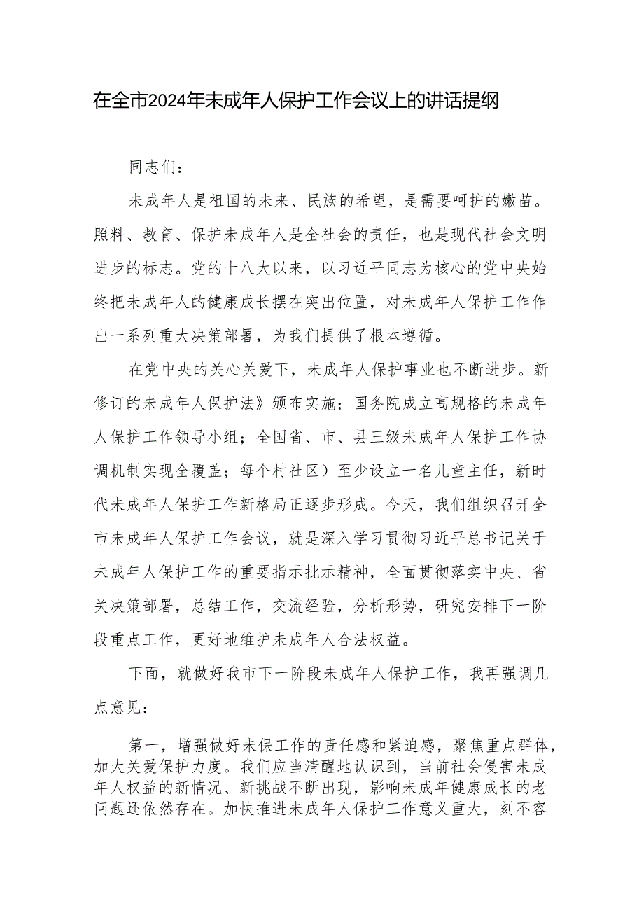 在全市2024年未成年人保护工作会议上的讲话提纲、工作计划.docx_第1页