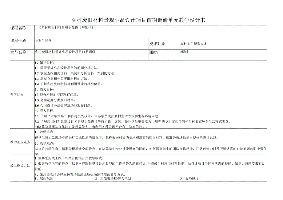 《乡村废旧材料景观小品设计与制作》单元教学设计-乡村废旧材料景观小品设计项目前期调研.docx_第1页