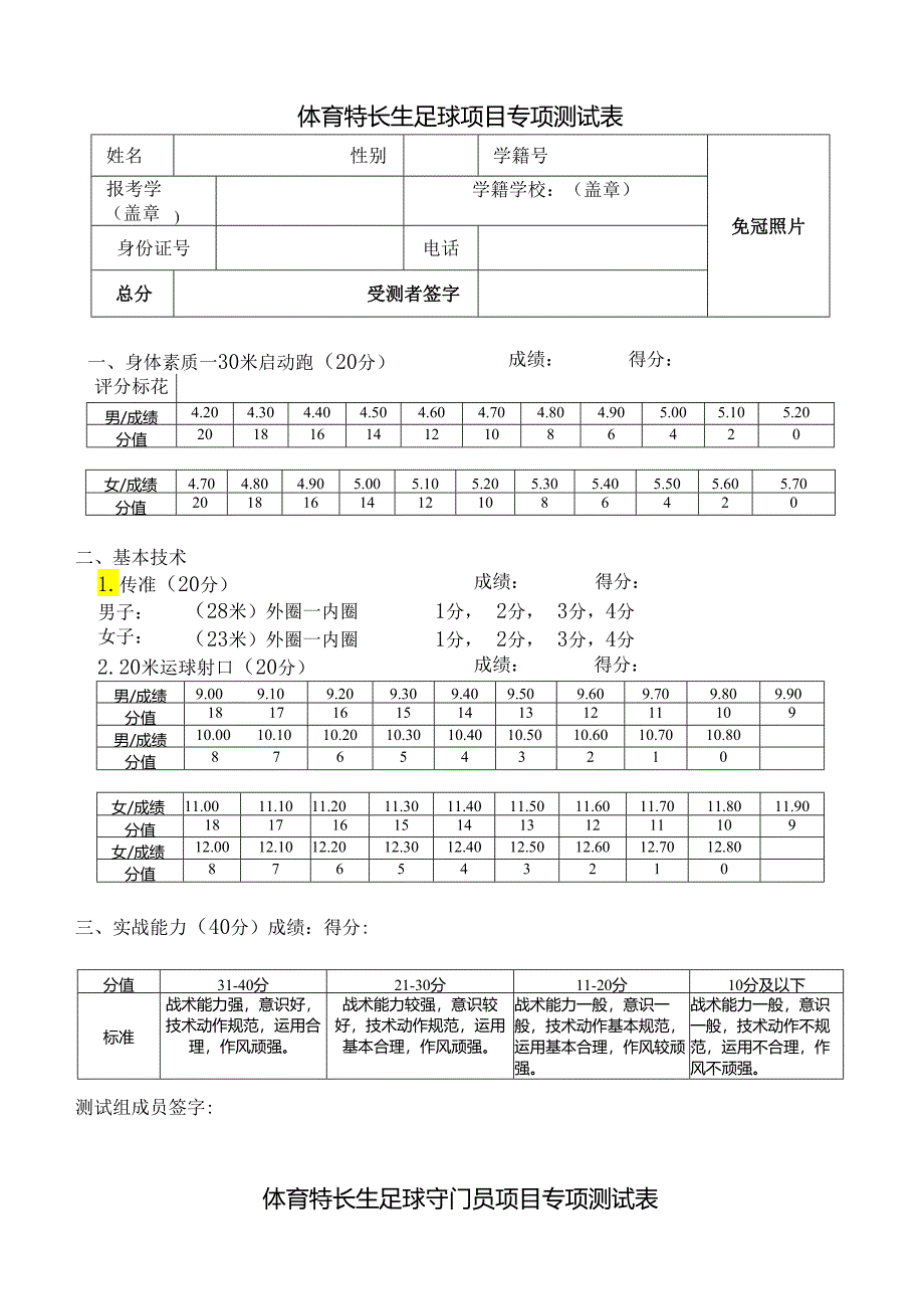 体育特长生足球专项测试表.docx_第1页