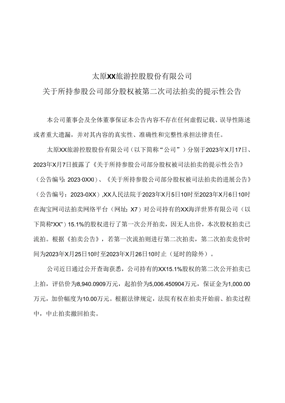 太原XX旅游控股股份有限公司关于所持参股公司部分股权被第二次司法拍卖的提示性公告（2024年）.docx_第1页