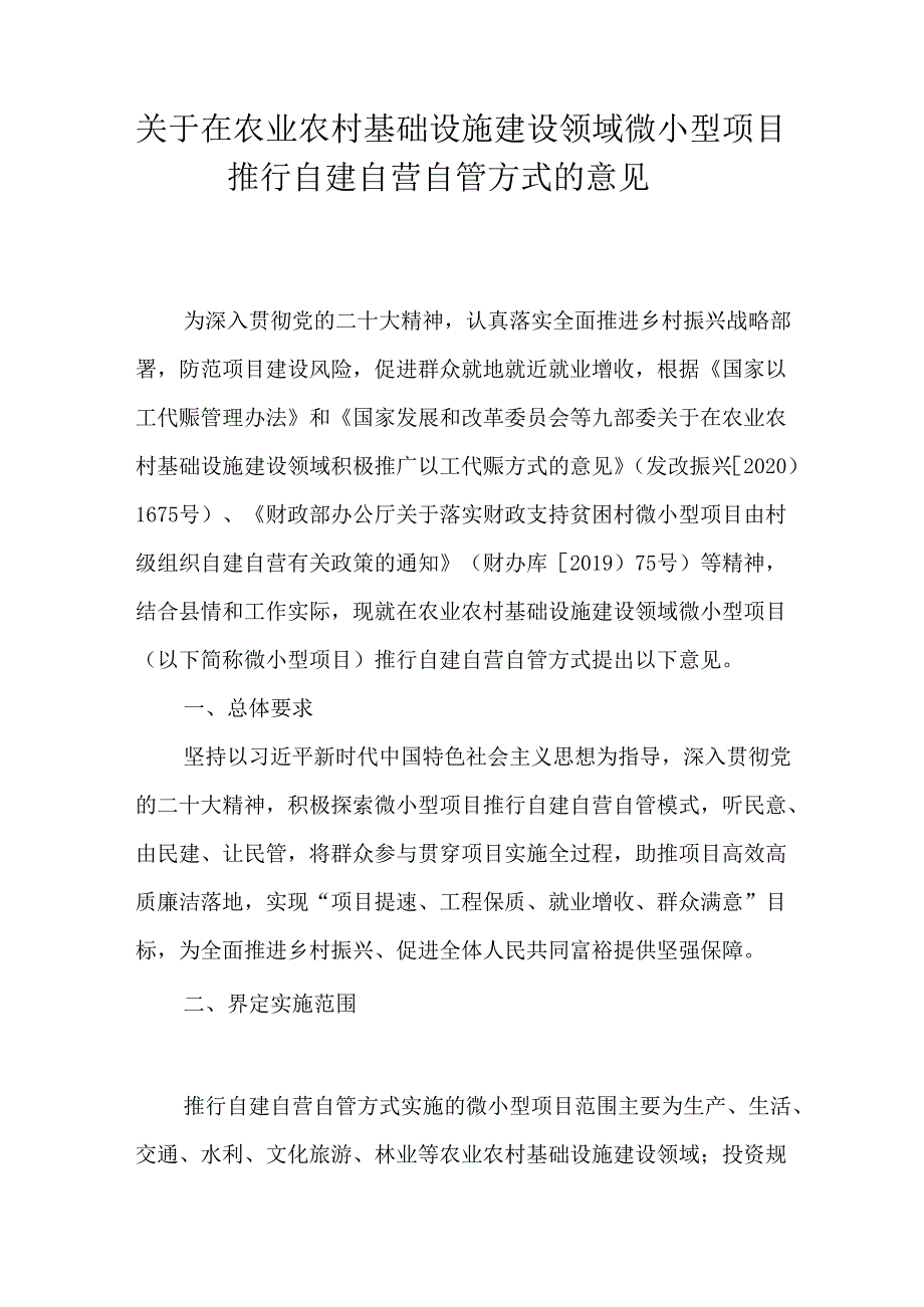 关于在农业农村基础设施建设领域微小型项目推行自建自营自管方式的意见.docx_第1页