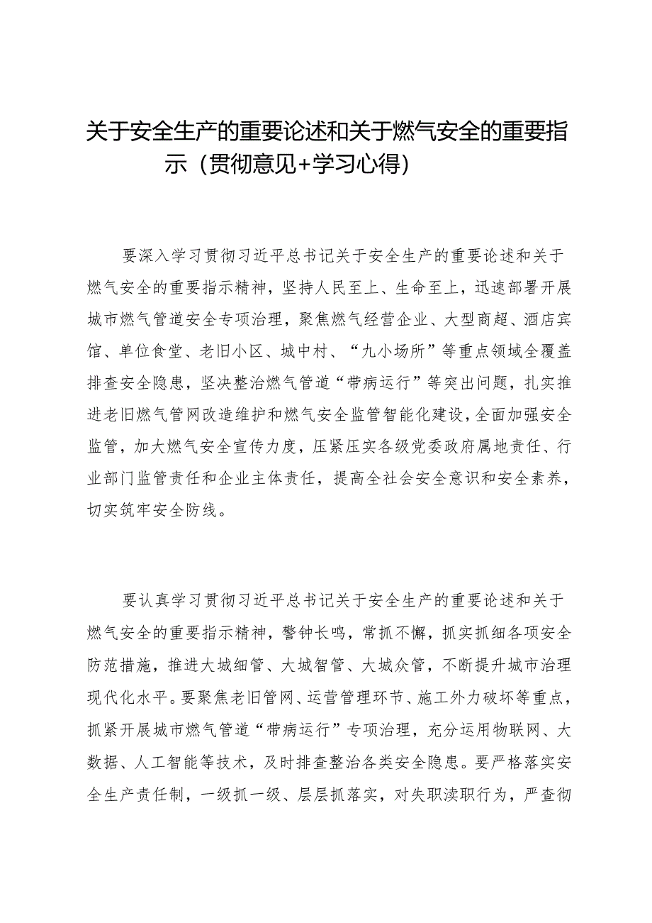 第一议题：20240321关于安全生产的重要论述和关于燃气安全的重要指示（贯彻意见+学习心得）.docx_第1页