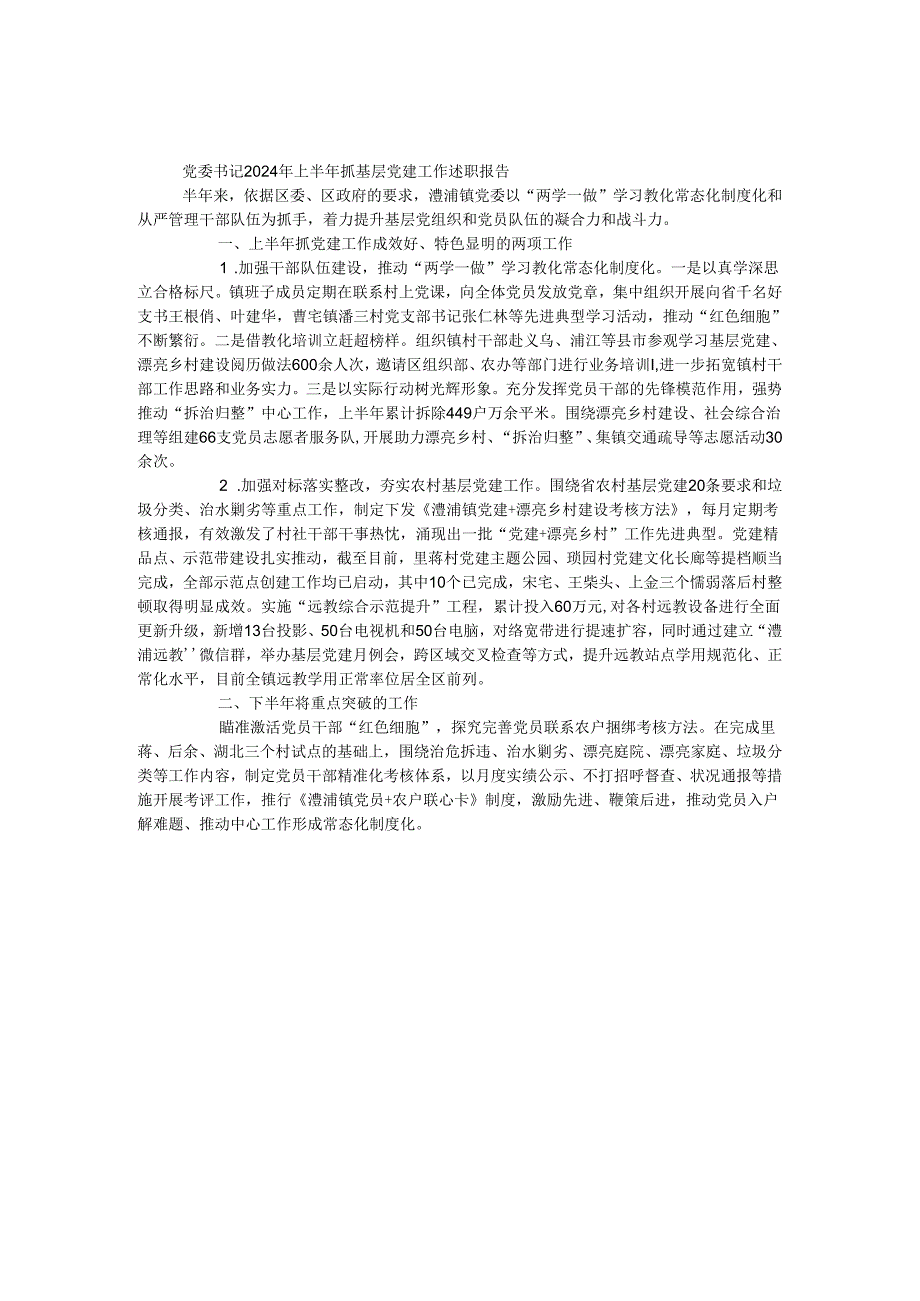 党委书记2024年上半年抓基层党建工作述职报告.docx_第1页