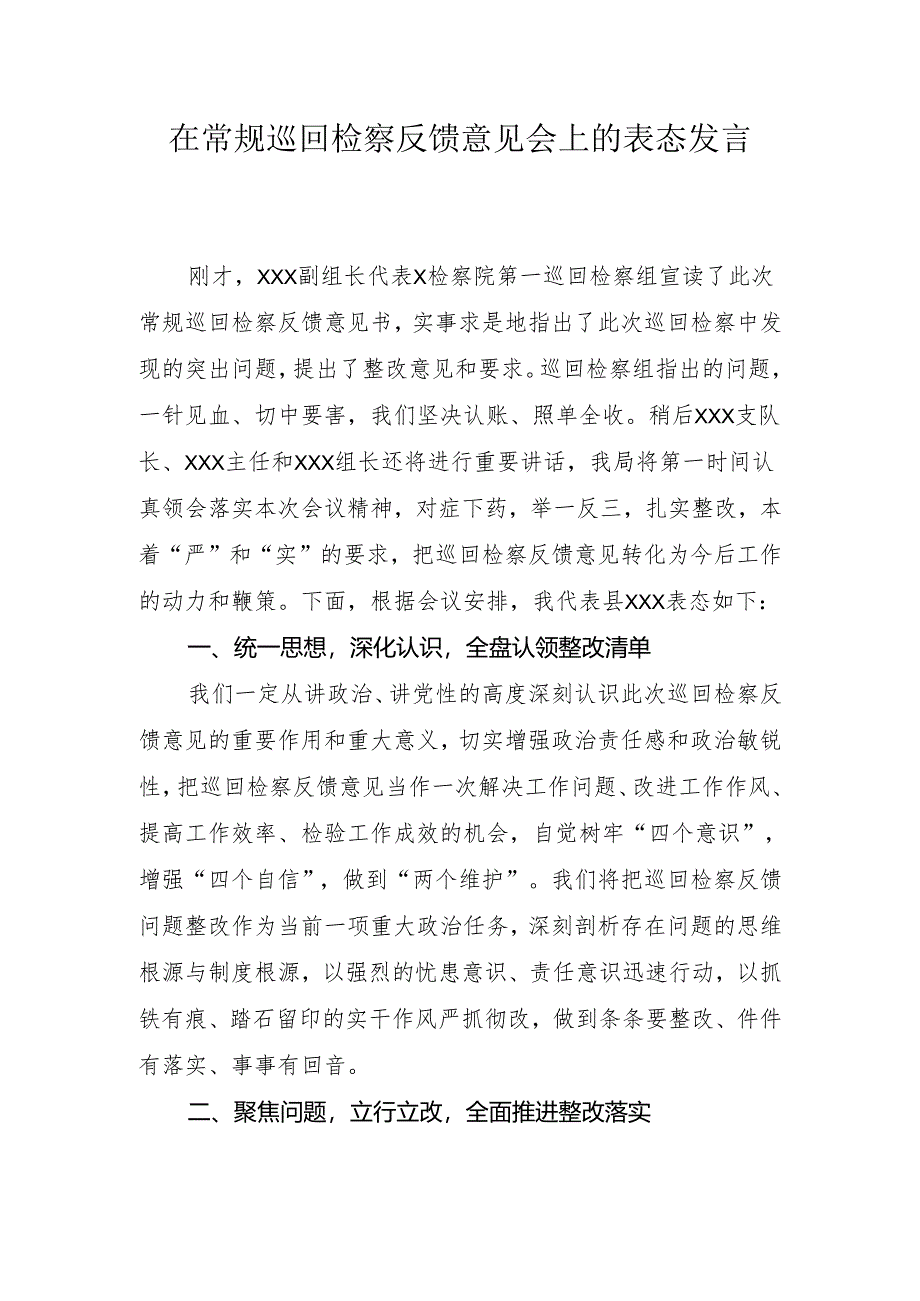 在常规巡回检察反馈意见会上的表态发言.docx_第1页