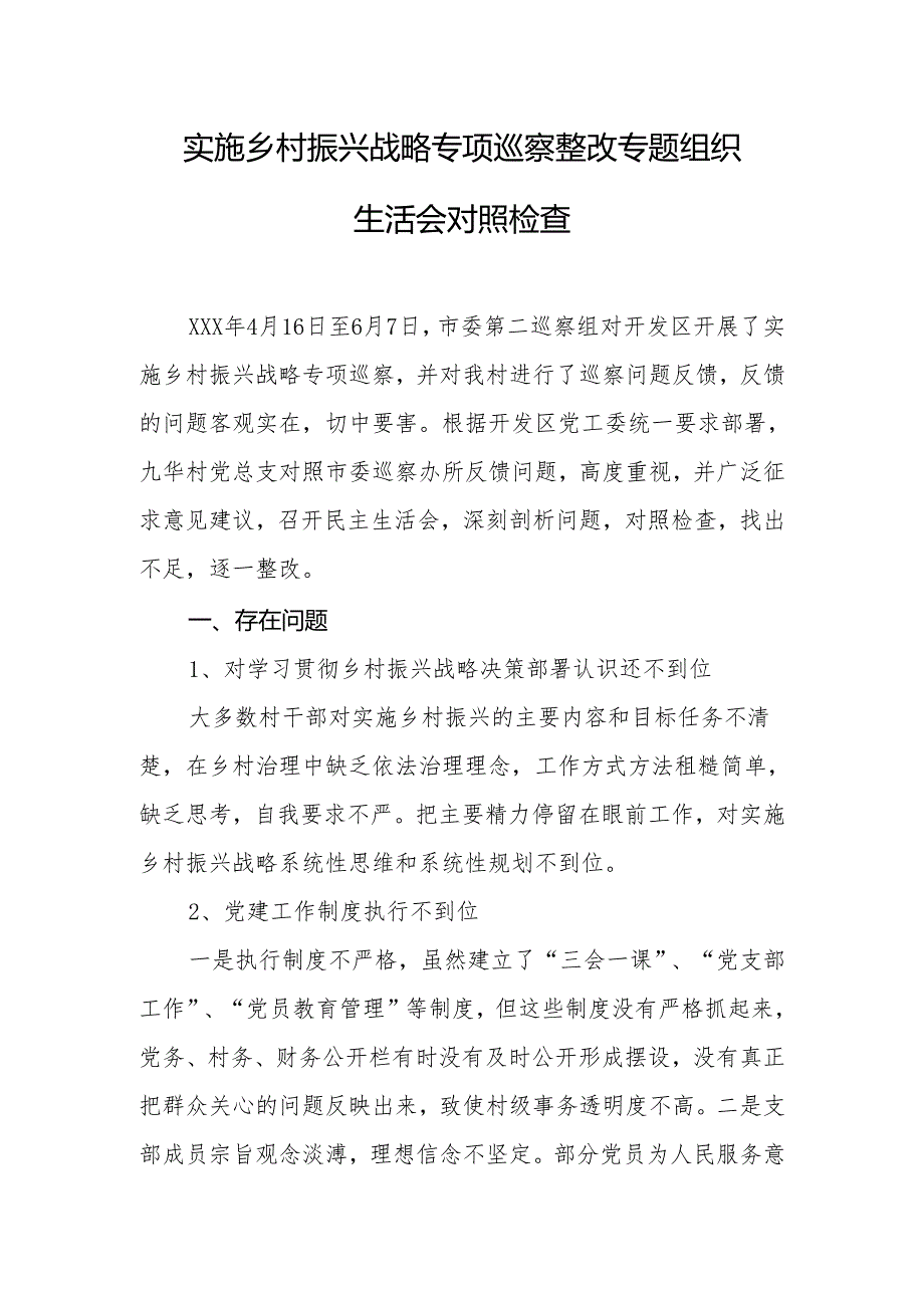 实施乡村振兴战略专项巡察整改专题组织生活会对照检查.docx_第1页