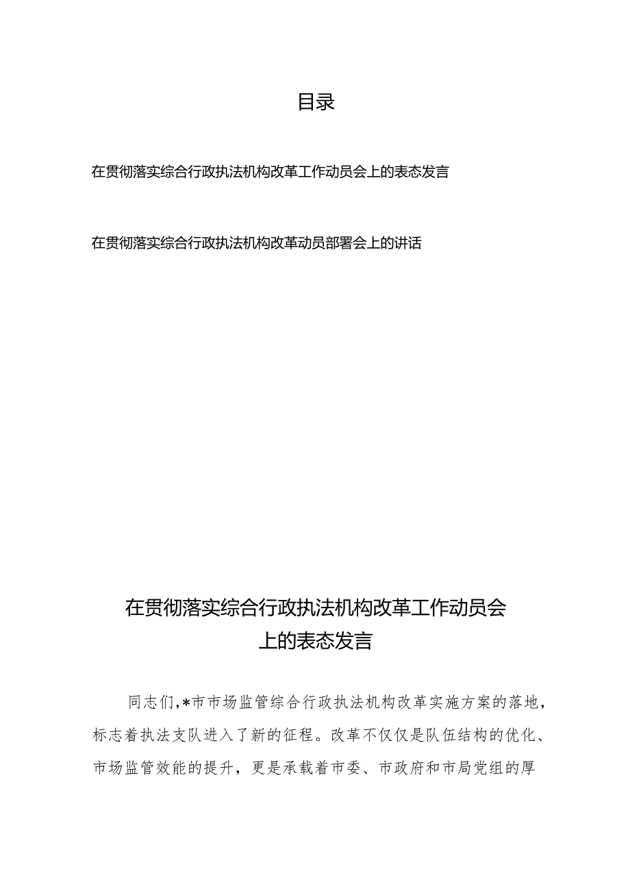 在贯彻落实综合行政执法机构改革工作动员会上的表态发言2篇.docx_第1页