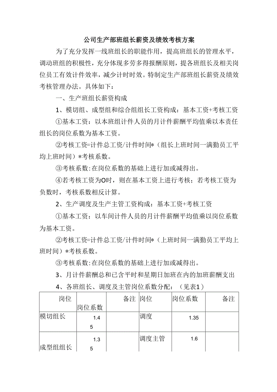 公司生产部班组长薪资及绩效考核方案.docx_第1页