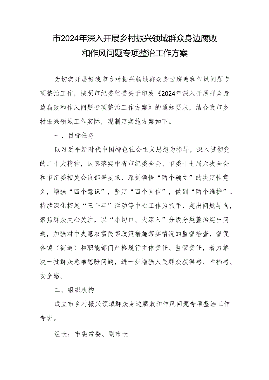 市（县）2024年深入开展乡村振兴领域群众身边腐败和作风问题专项整治工作方案.docx_第1页