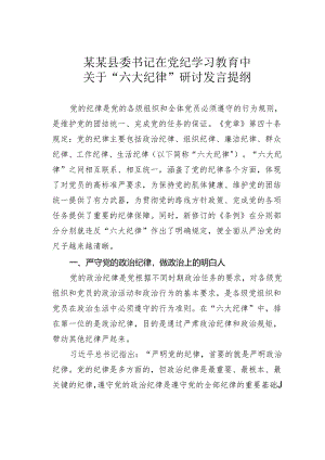 某某县委书记在党纪学习教育中关于“六大纪律”研讨发言提纲.docx