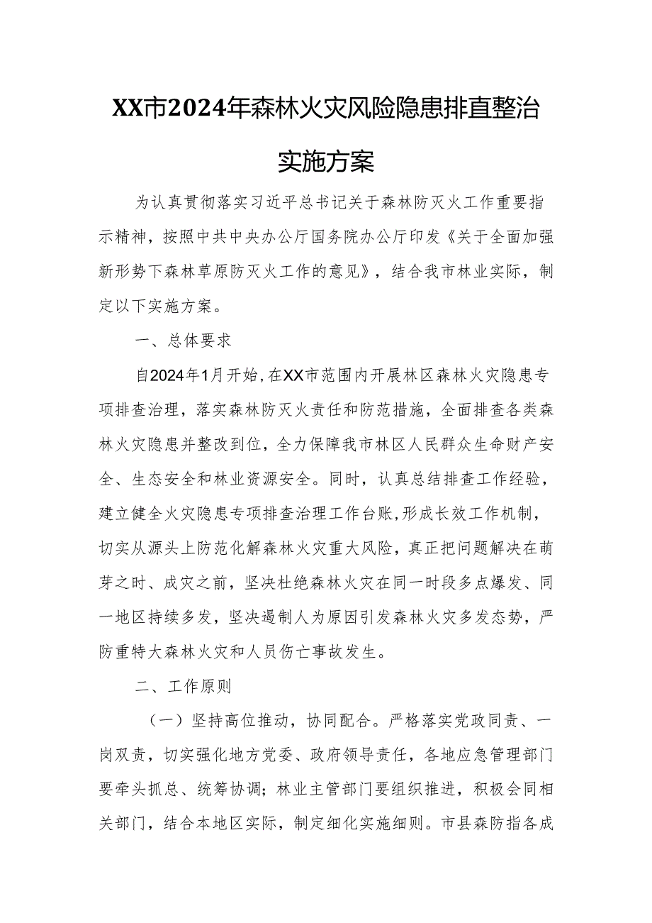 XX市 2024 年森林火灾风险隐患排查整治实施方案.docx_第1页