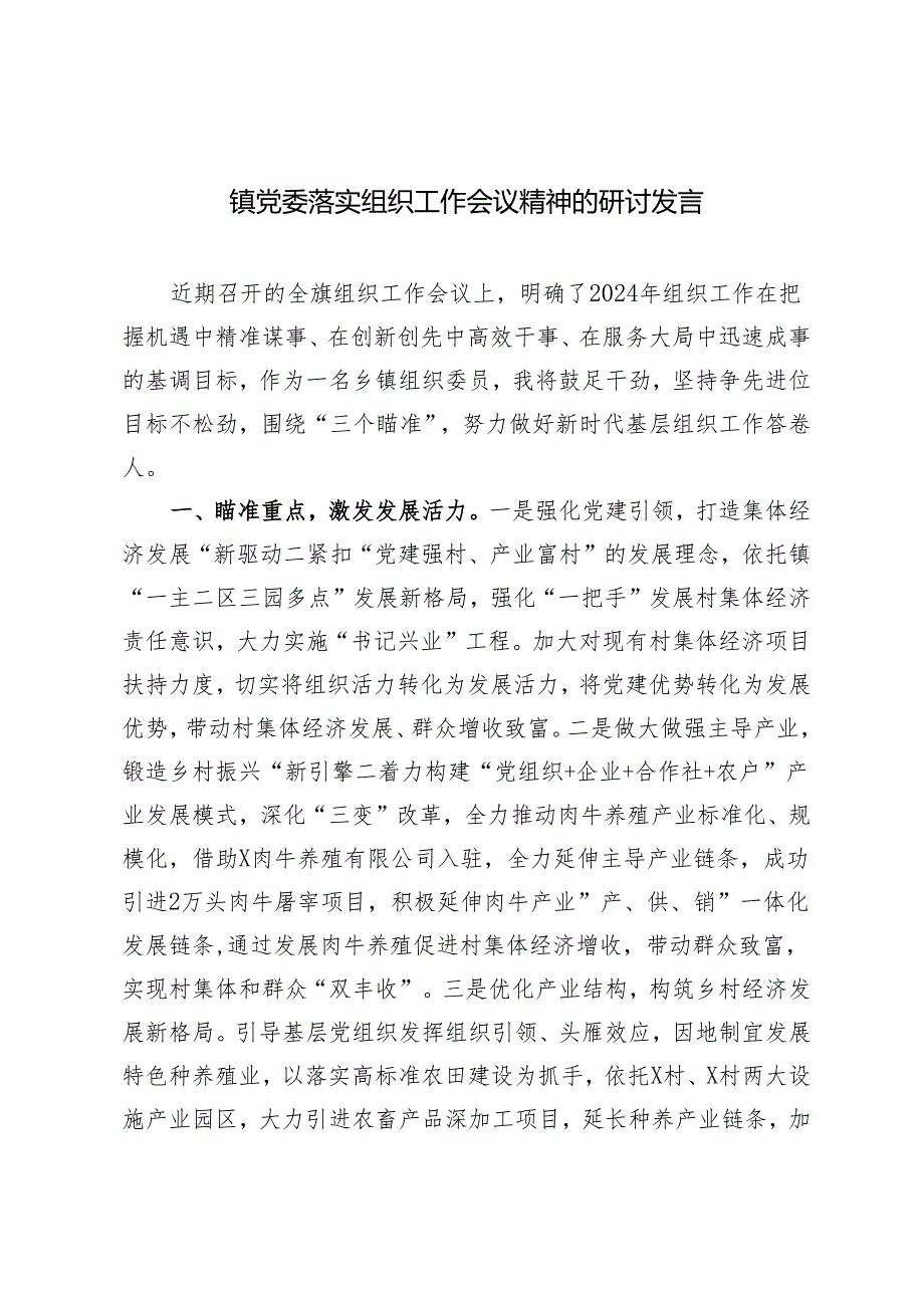 3篇2024年镇党委落实组织工作会议精神的研讨发言.docx_第1页