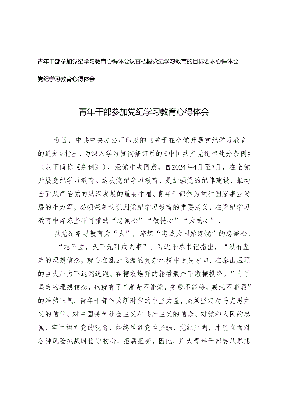 3篇 2024年青年干部参加党纪学习教育心得体会.docx_第1页