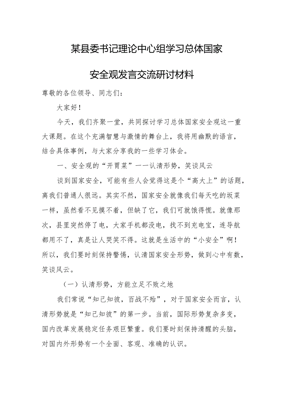 某县委书记理论中心组学习总体国家安全观发言交流研讨材料.docx_第1页