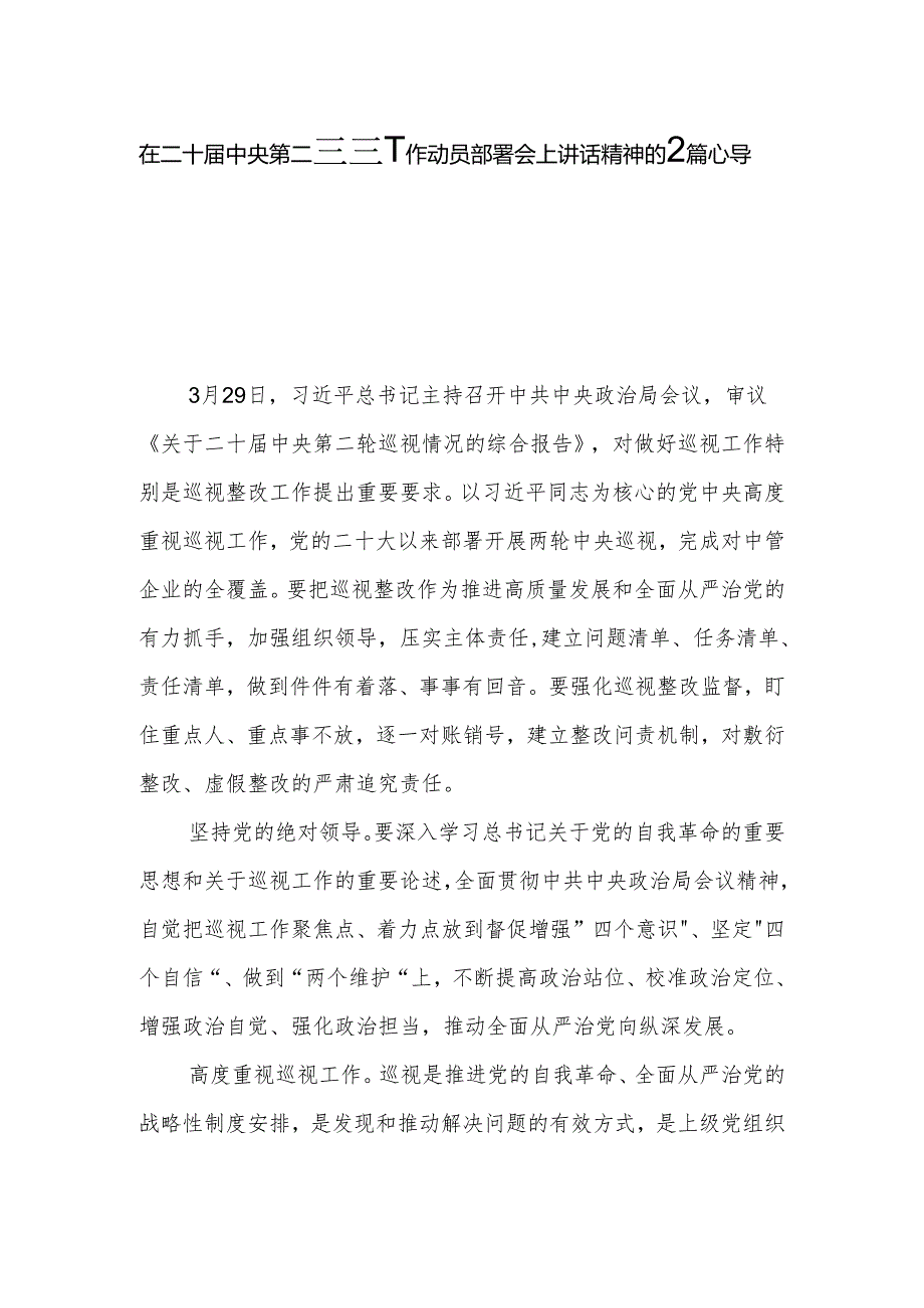 在二十届中央第二轮巡视工作动员部署会上讲话精神的2篇心得体会.docx_第1页