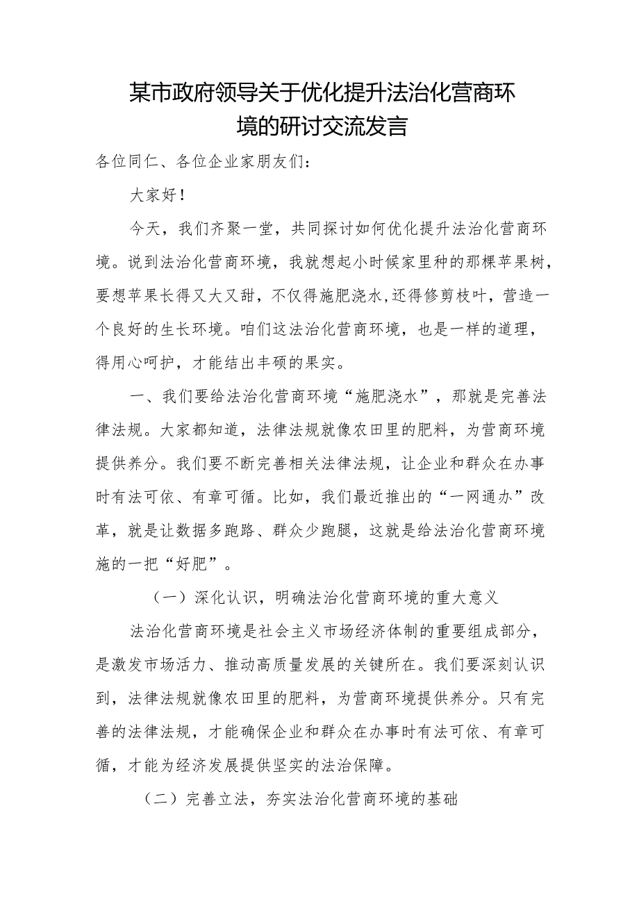 某市政府领导关于优化提升法治化营商环境的研讨交流发言.docx_第1页