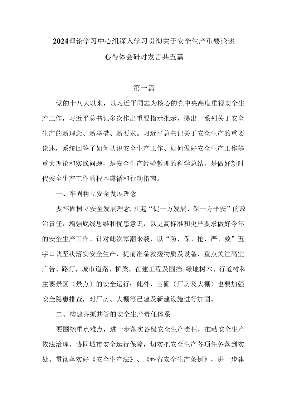 2024理论学习中心组深入学习贯彻关于安全生产重要论述心得体会研讨发言共五篇.docx_第1页