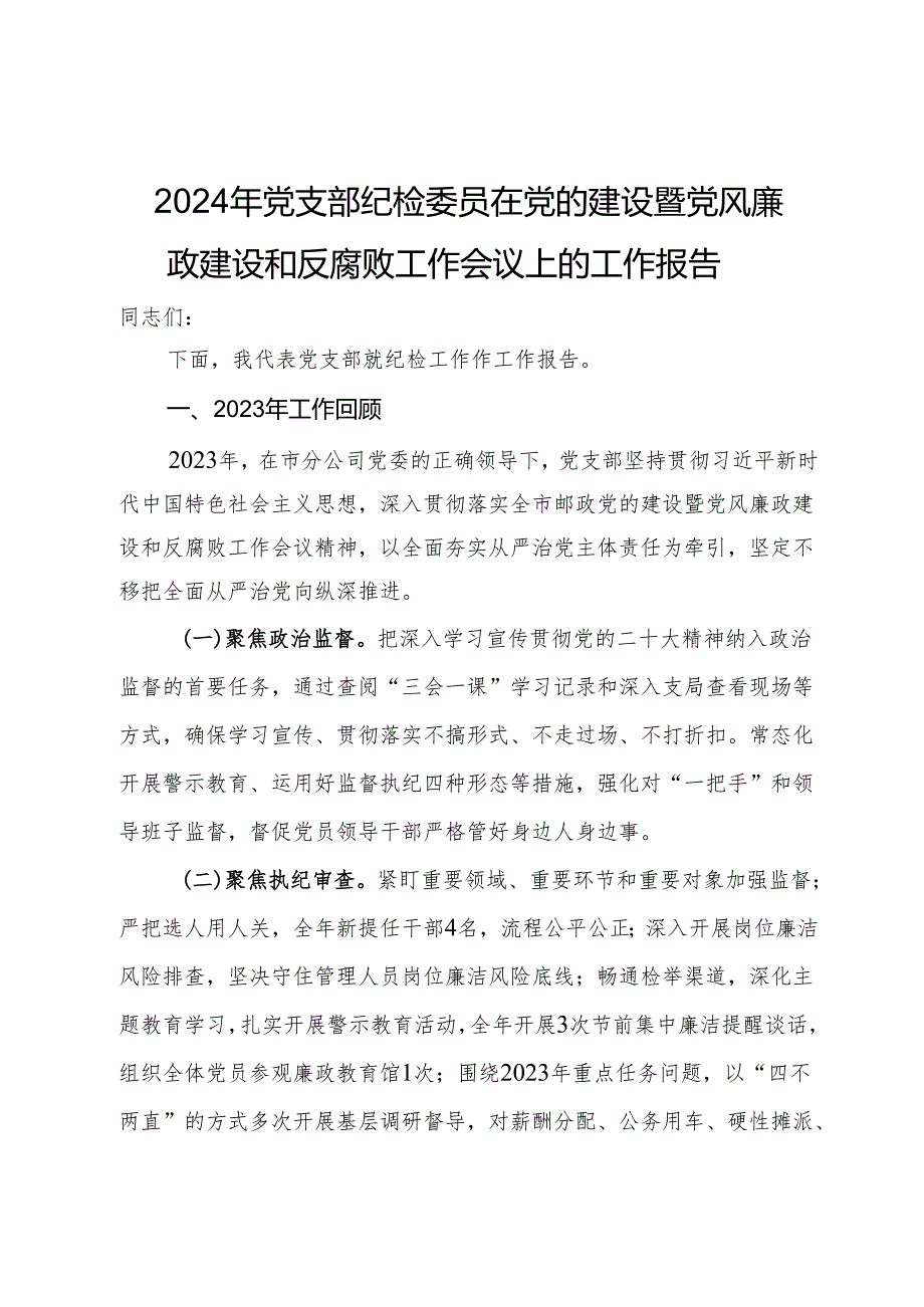 2024年党支部纪检委员在党的建设暨党风廉政建设和反腐败工作会议上的工作报告.docx_第1页