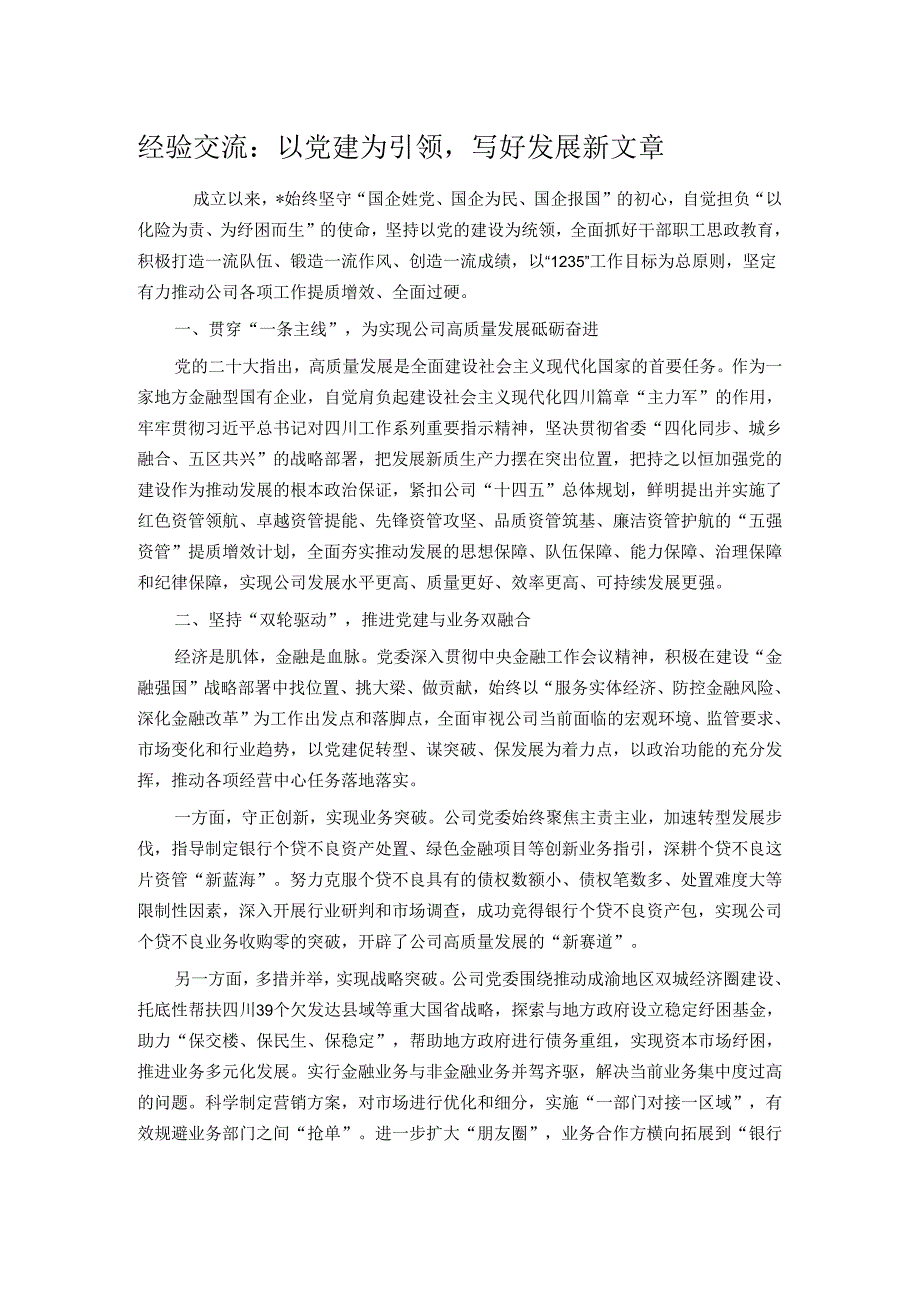 经验交流：以党建为引领写好发展新文章.docx_第1页