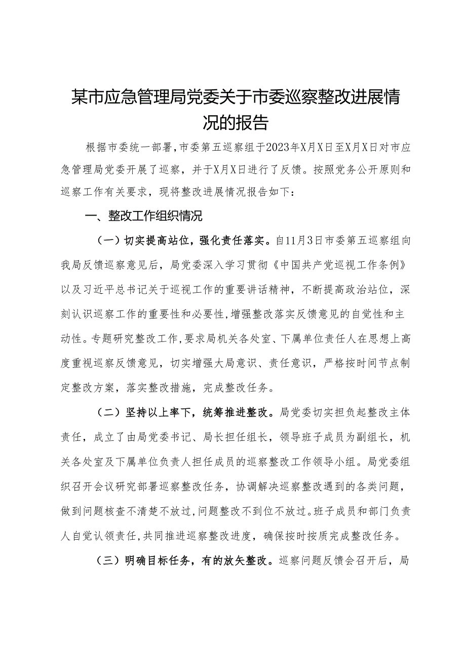 某市应急管理局党委关于市委巡察整改进展情况的报告.docx_第1页