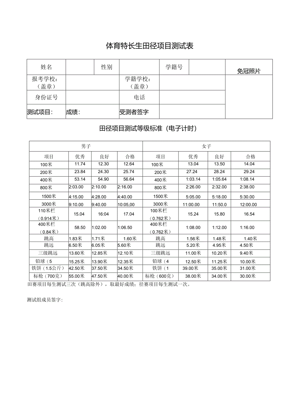 体育特长生田径项目测试表.docx_第1页